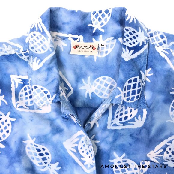 Pineapple Blue White Tie Dye Button Down Shirt Top - Picture 2 of 7
